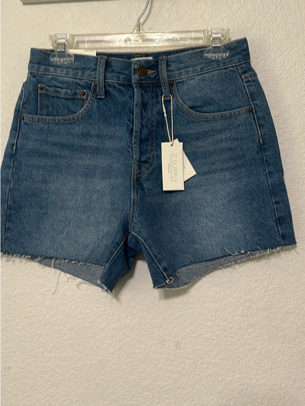 Z Supply Mid Blue High-Rise Frayed Hem Denim Shorts